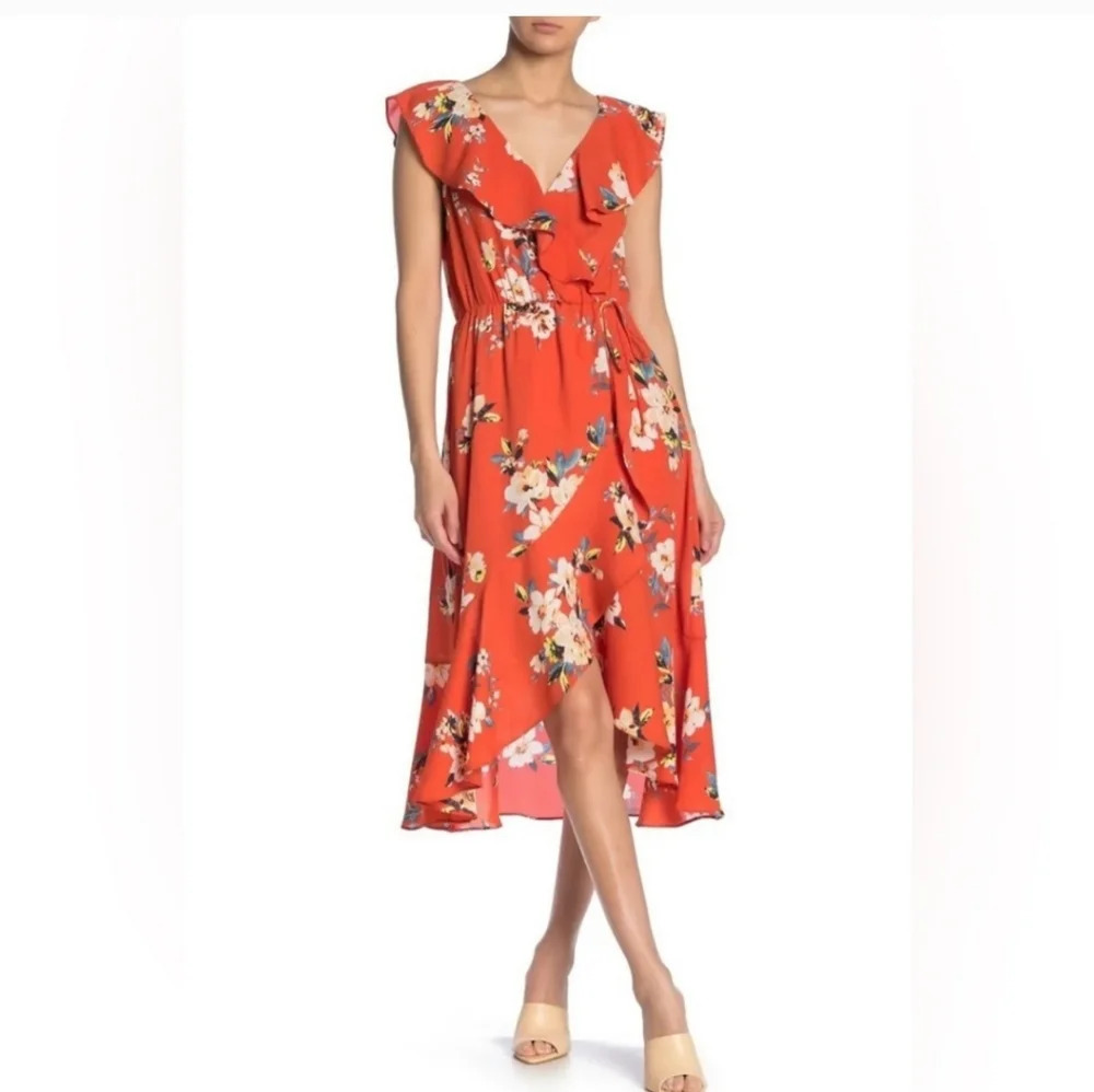 💚5/$25 Socialite Ruffled Tropical Floral Print Red Mock Wrap Midi Dress Size XS